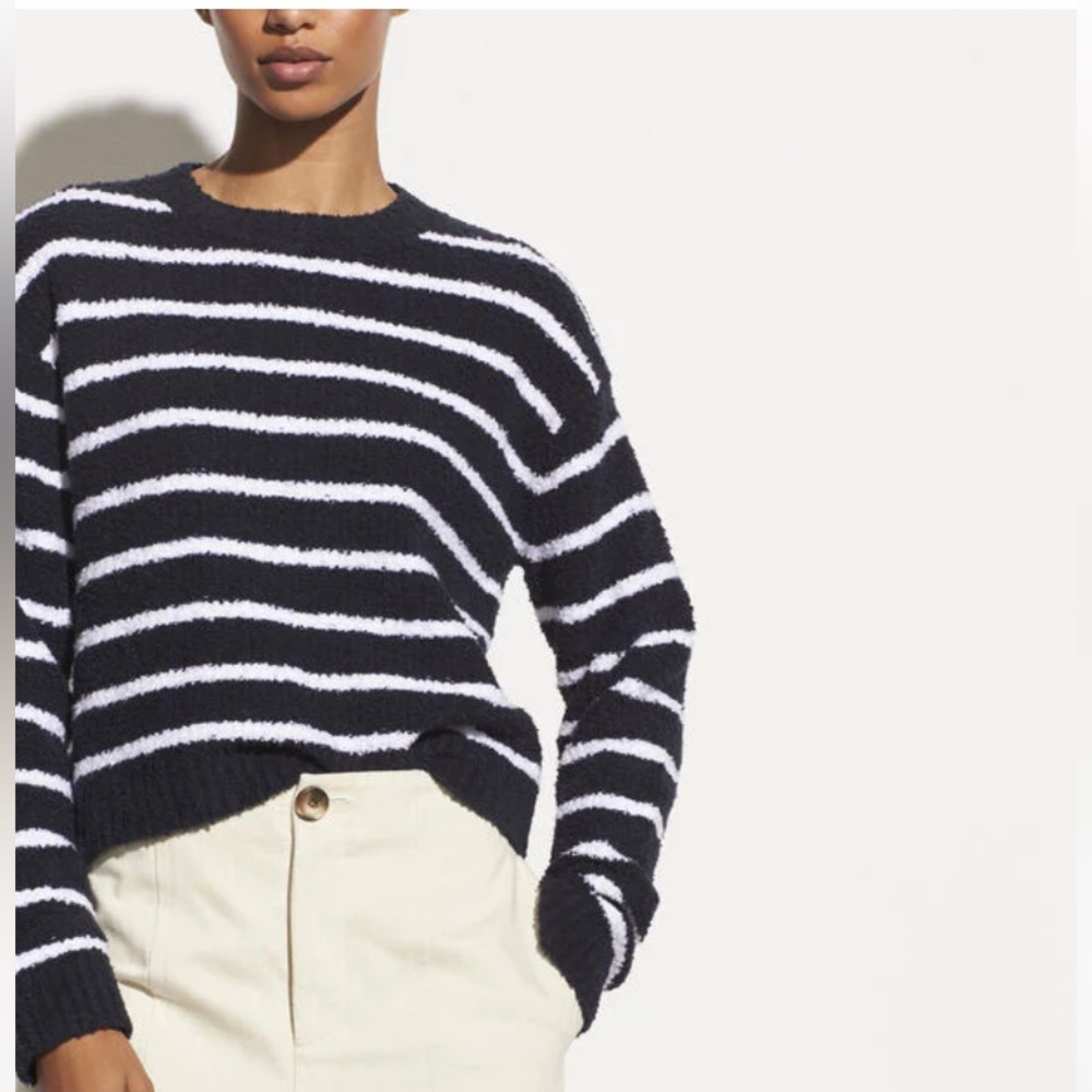 Vince Striped Waffle Stitch Crew Sweater in Coastal/Optic White. Medium.